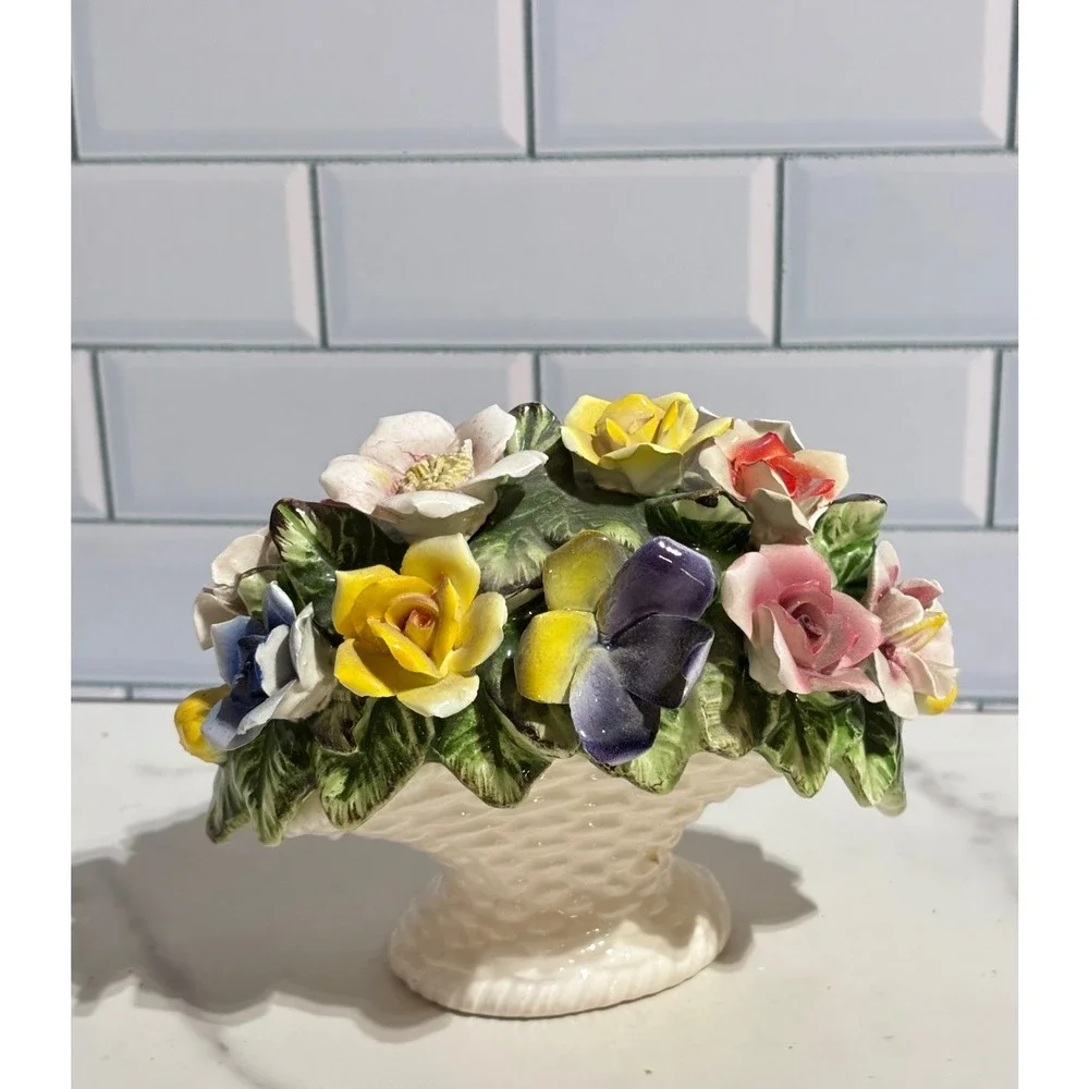 Vintage Lefton Porcelain Flower Basket Centerpiece Multi-Color Floral